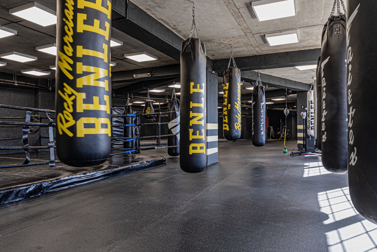 Boxers sparring in the ring at the Gymnasia boxing zone