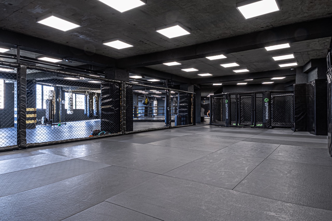A caged octagon, a boxing ring and rows of heavy bags sharing one matted training hall in Tbilisi